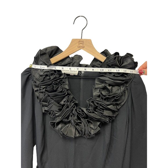 STUNNING Vintage Morton Myles Black Ruffle Neckline Belted Dress Size 12 - Picture 9 of 16